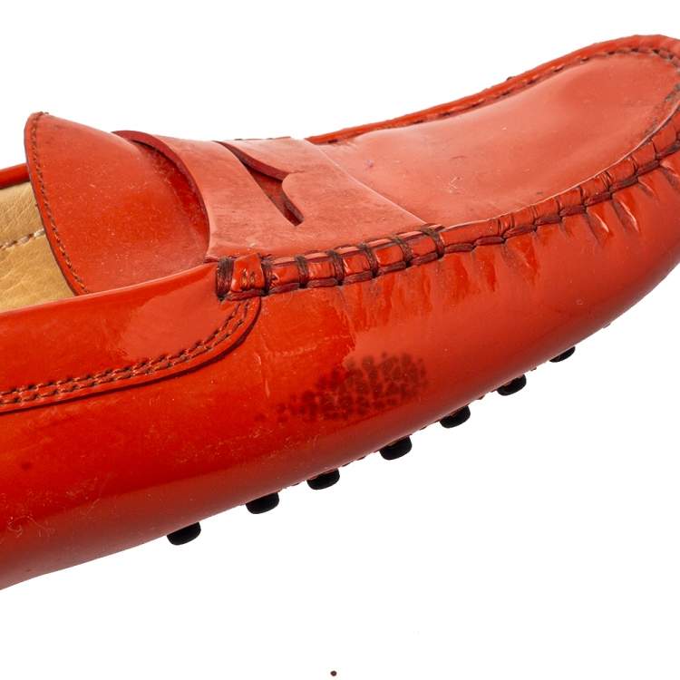 Pre Owned Tod's  Orange Patent Leather Gommino Penny Loafers Size 38