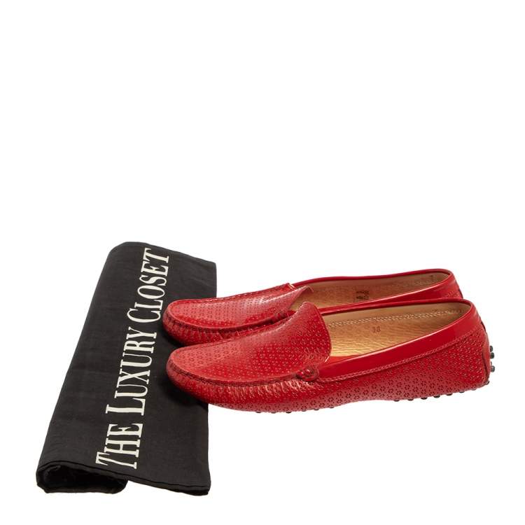 Pre Owned Tod's Red Lasercut Patent Leather Gommino Driving Loafers Size 38