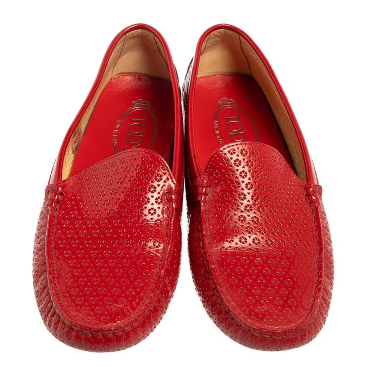 Pre Owned Tod's Red Lasercut Patent Leather Gommino Driving Loafers Size 38