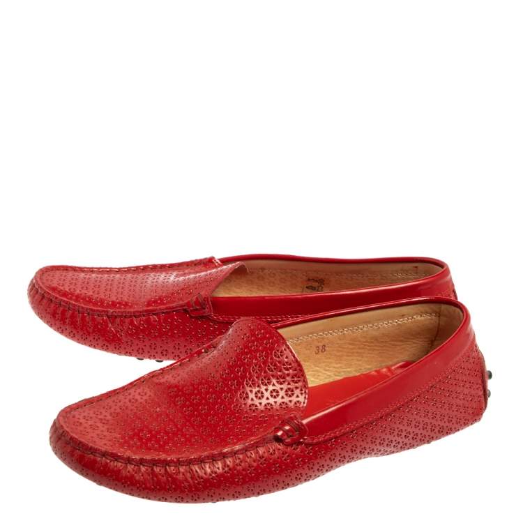 Pre Owned Tod's Red Lasercut Patent Leather Gommino Driving Loafers Size 38