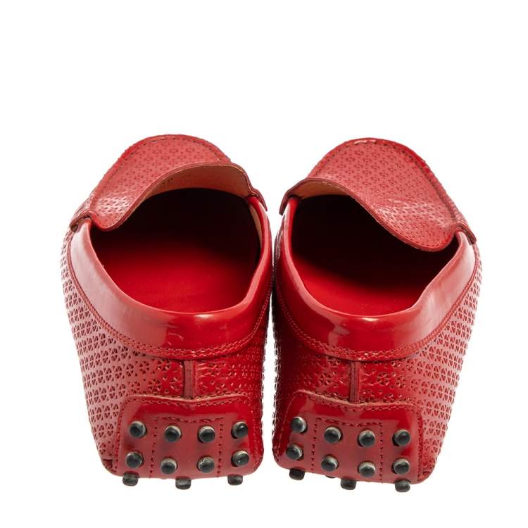 Pre Owned Tod's Red Lasercut Patent Leather Gommino Driving Loafers Size 38