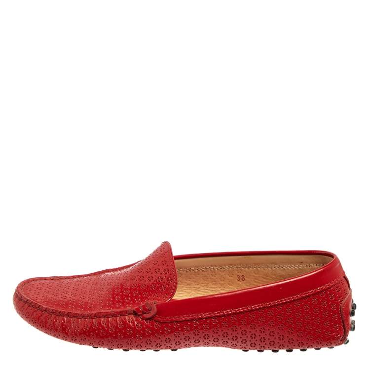 Pre Owned Tod's Red Lasercut Patent Leather Gommino Driving Loafers Size 38