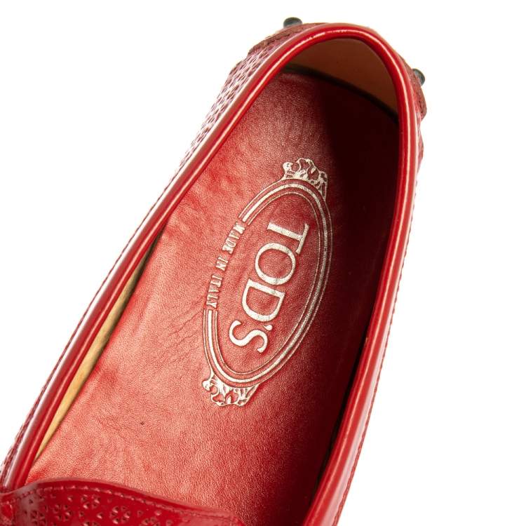 Pre Owned Tod's Red Lasercut Patent Leather Gommino Driving Loafers Size 38