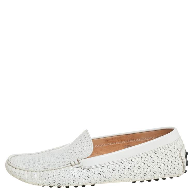 Pre Owned Tod's White Lasercut Patent Leather Gommino Driving Loafers Size 38.5