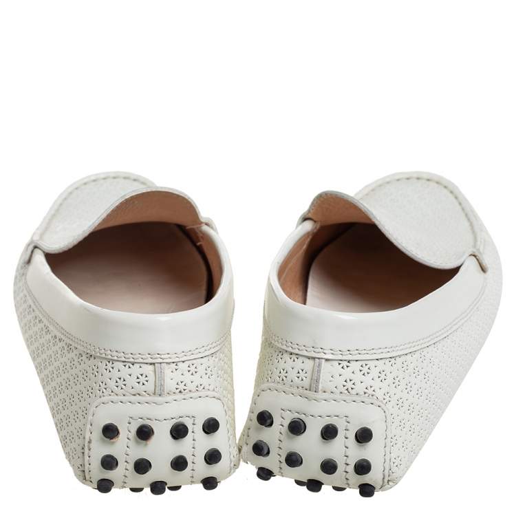Pre Owned Tod's White Lasercut Patent Leather Gommino Driving Loafers Size 38.5