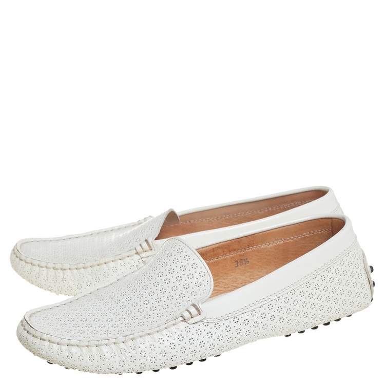 Pre Owned Tod's White Lasercut Patent Leather Gommino Driving Loafers Size 38.5