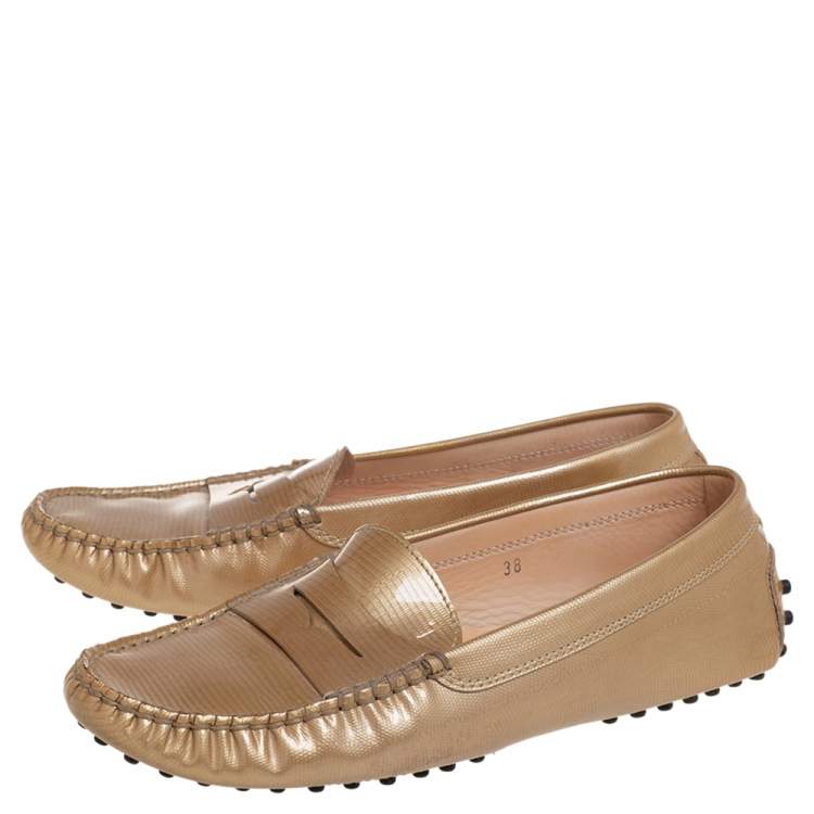 Pre Owned Tod's Metallic Gold Leather Gommino Slip On Loafers Size 38