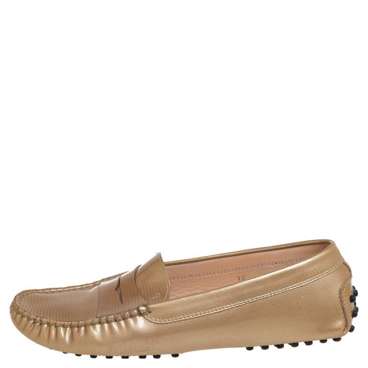 Pre Owned Tod's Metallic Gold Leather Gommino Slip On Loafers Size 38