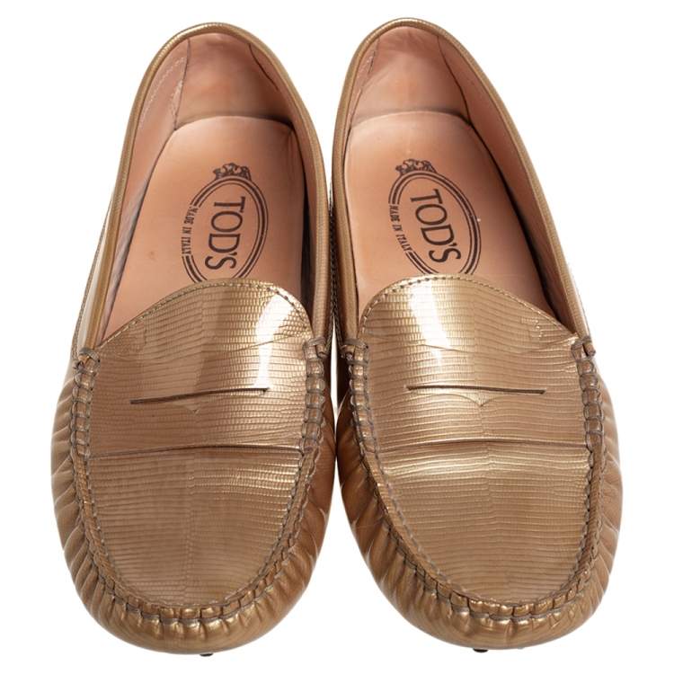Pre Owned Tod's Metallic Gold Leather Gommino Slip On Loafers Size 38