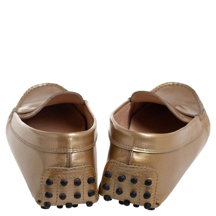 Pre Owned Tod's Metallic Gold Leather Gommino Slip On Loafers Size 38