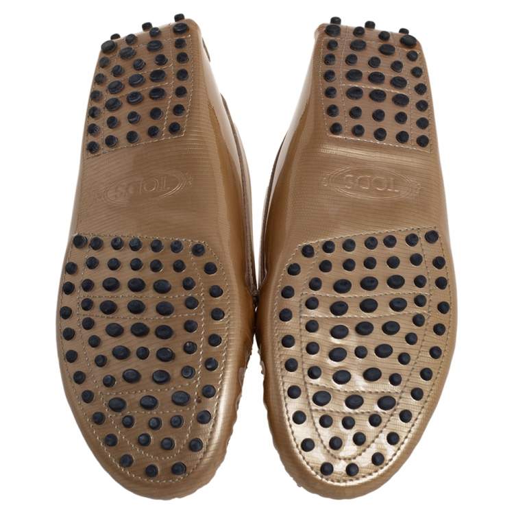 Pre Owned Tod's Metallic Gold Leather Gommino Slip On Loafers Size 38