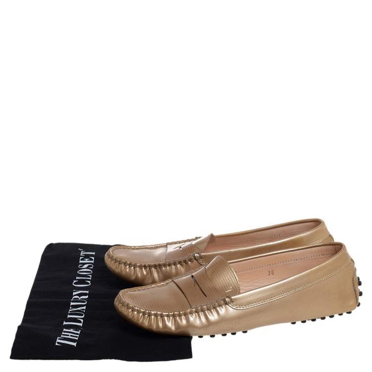 Pre Owned Tod's Metallic Gold Leather Gommino Slip On Loafers Size 38