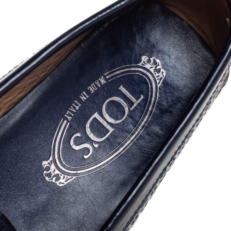 مملوكة مسبقًا Tod's Navy Blue Lasercut Patent Leather Gommino Driving Loafers Size 38