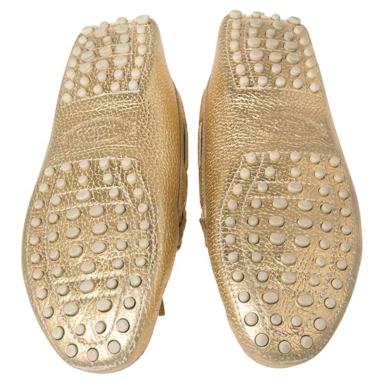 Pre Owned Tod's Metallic Gold Textured Leather Gommino Driving Loafers Size 35.5