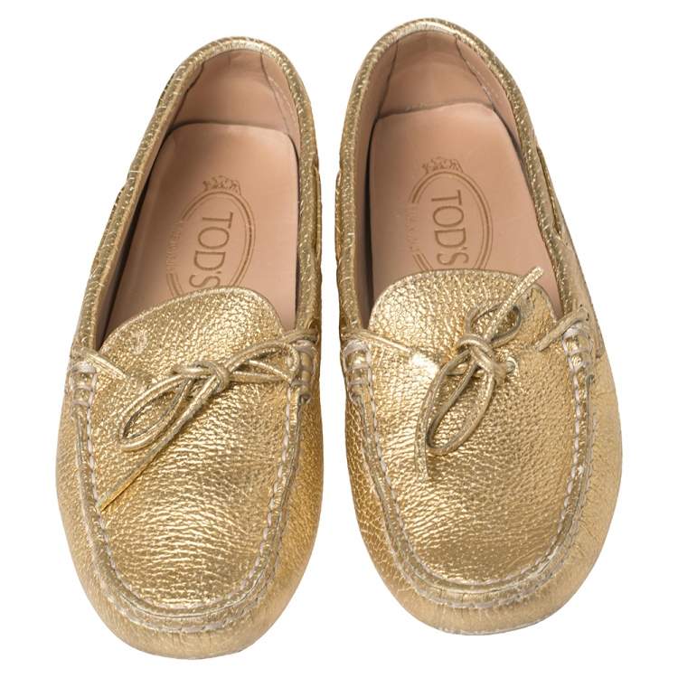 Pre Owned Tod's Metallic Gold Textured Leather Gommino Driving Loafers Size 35.5