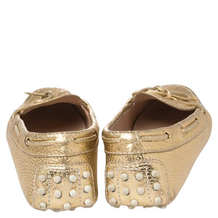 Pre Owned Tod's Metallic Gold Textured Leather Gommino Driving Loafers Size 35.5