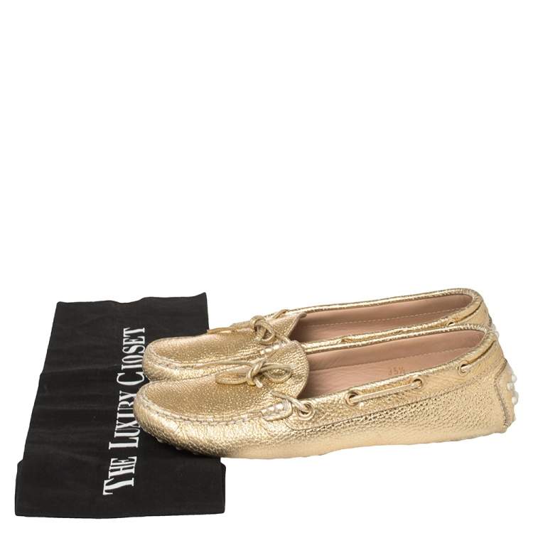 Pre Owned Tod's Metallic Gold Textured Leather Gommino Driving Loafers Size 35.5