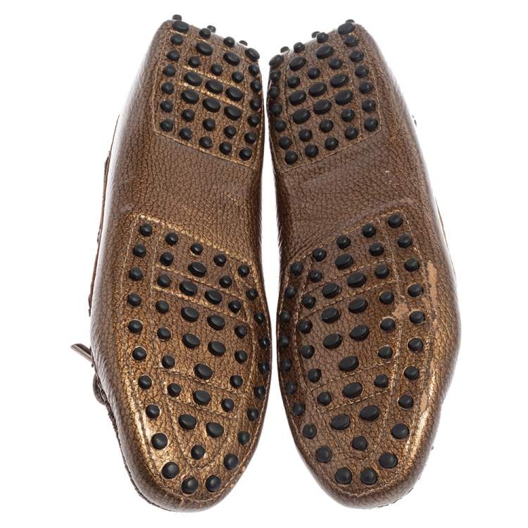 Pre Owned Tod's Metallic Bronze Patent Textured Leather Gommino Driving Loafers Size 38