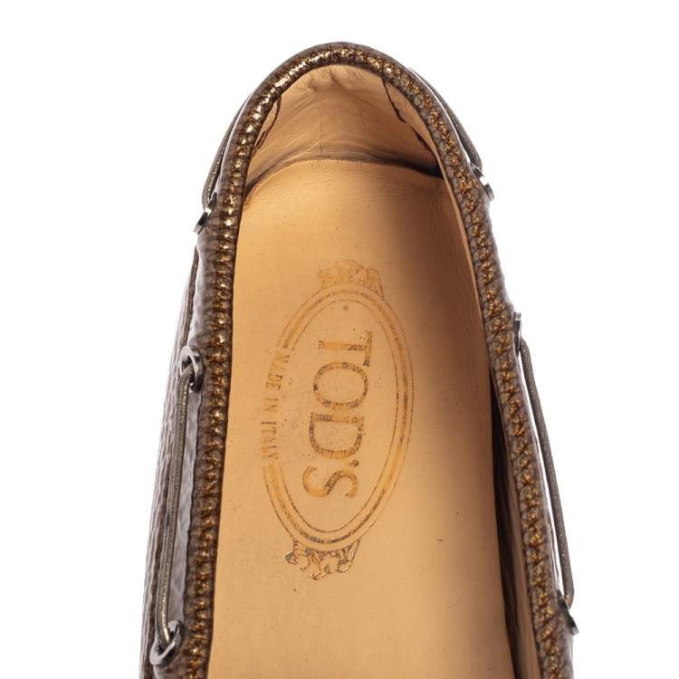 Pre Owned Tod's Metallic Bronze Patent Textured Leather Gommino Driving Loafers Size 38