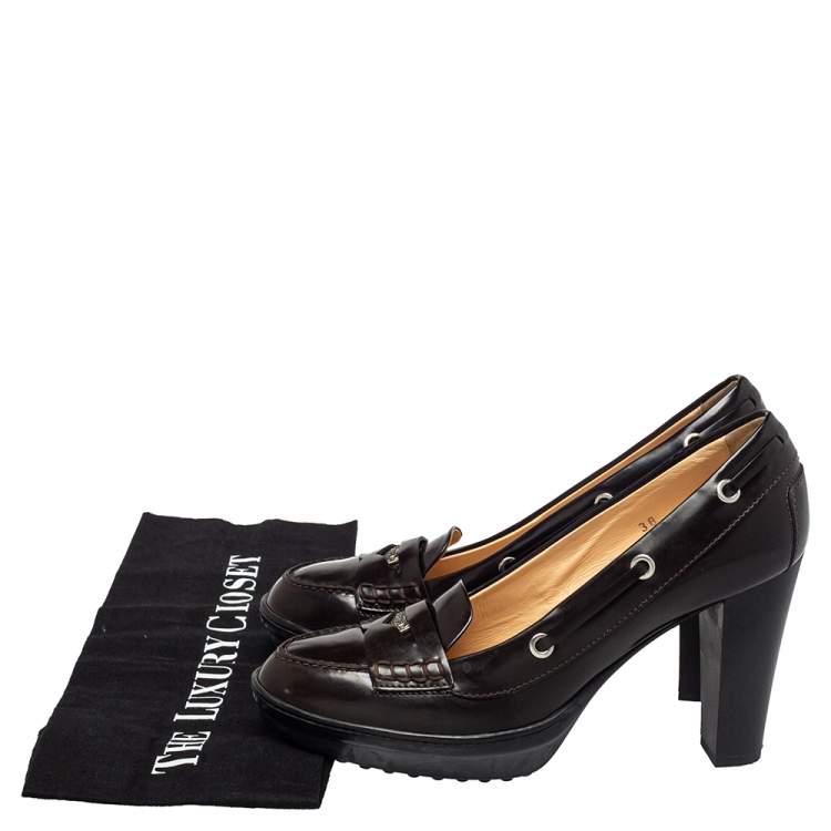 Pre Owned Tod's Brown Leather Penny Loafer Pumps Size 38