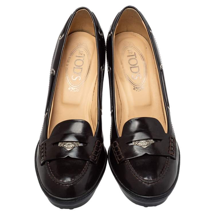 Pre Owned Tod's Brown Leather Penny Loafer Pumps Size 38