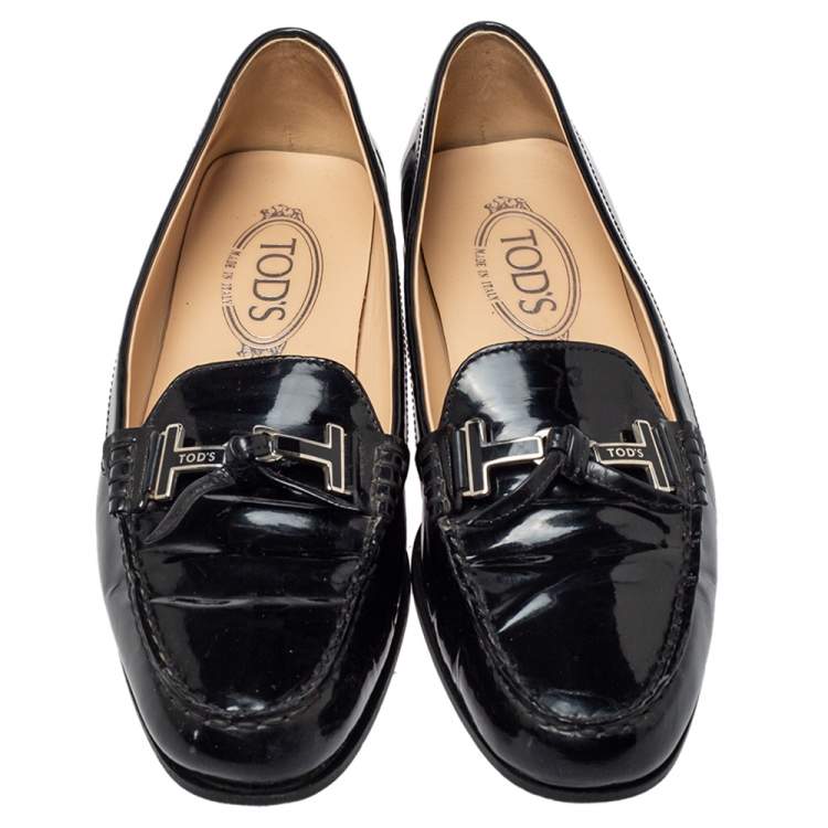Pre Owned Tod's Black Patent Leather Double T Slip On Loafers Size 39