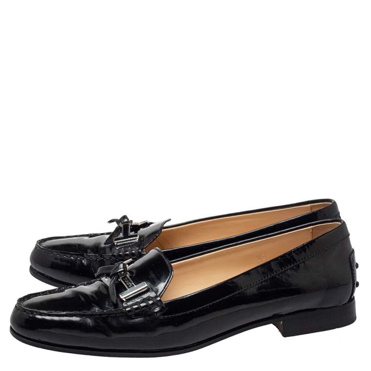 Pre Owned Tod's Black Patent Leather Double T Slip On Loafers Size 39