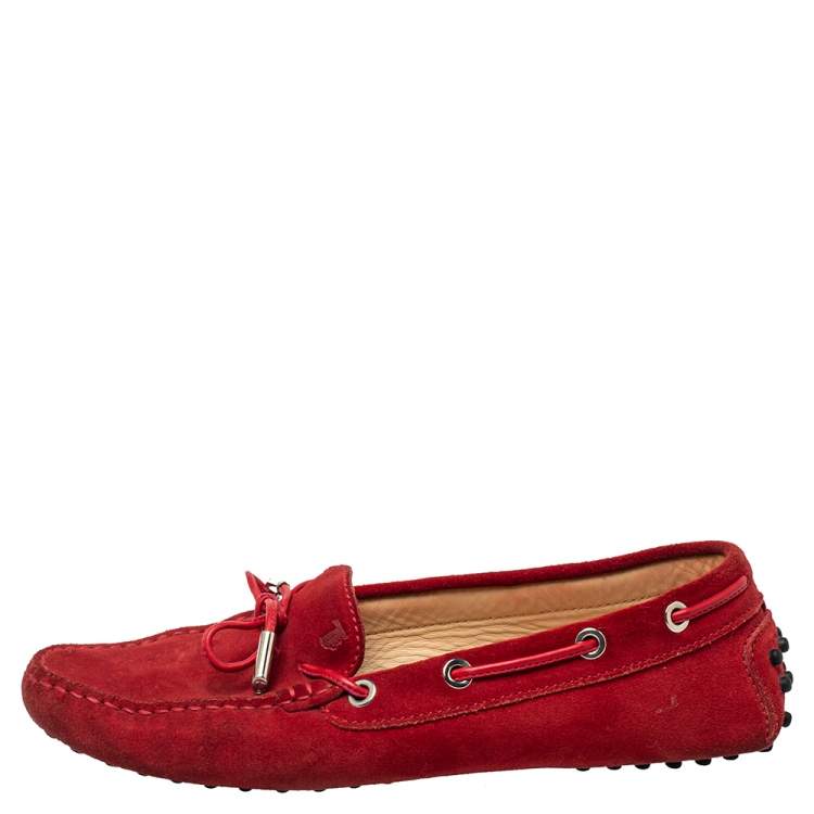 Pre Owned Tod's Red Suede Slip On Loafers Size 37