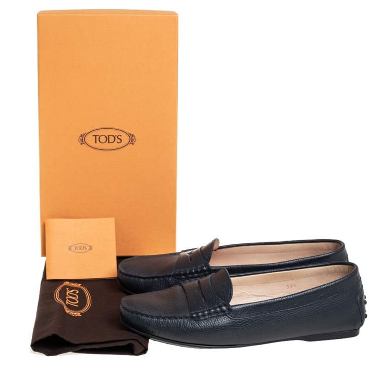 Pre Owned Tod's Dark Blue Leather Penny Slip On Loafers Size 39.5