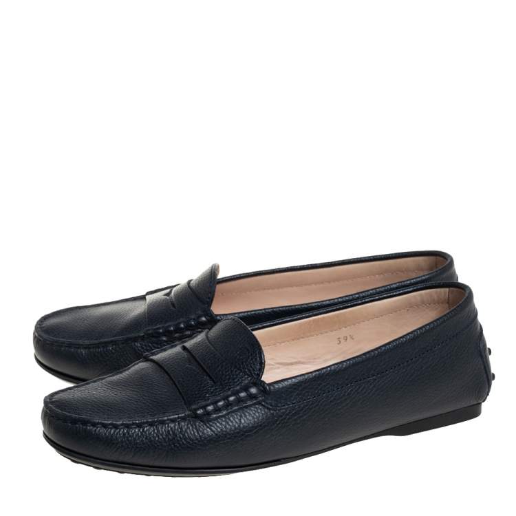 Pre Owned Tod's Dark Blue Leather Penny Slip On Loafers Size 39.5