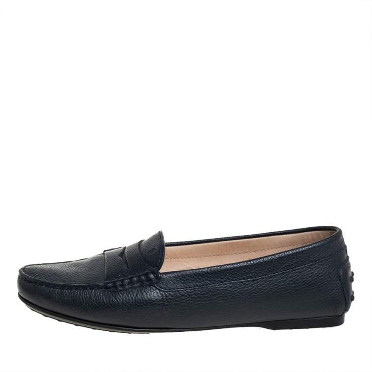 Pre Owned Tod's Dark Blue Leather Penny Slip On Loafers Size 39.5