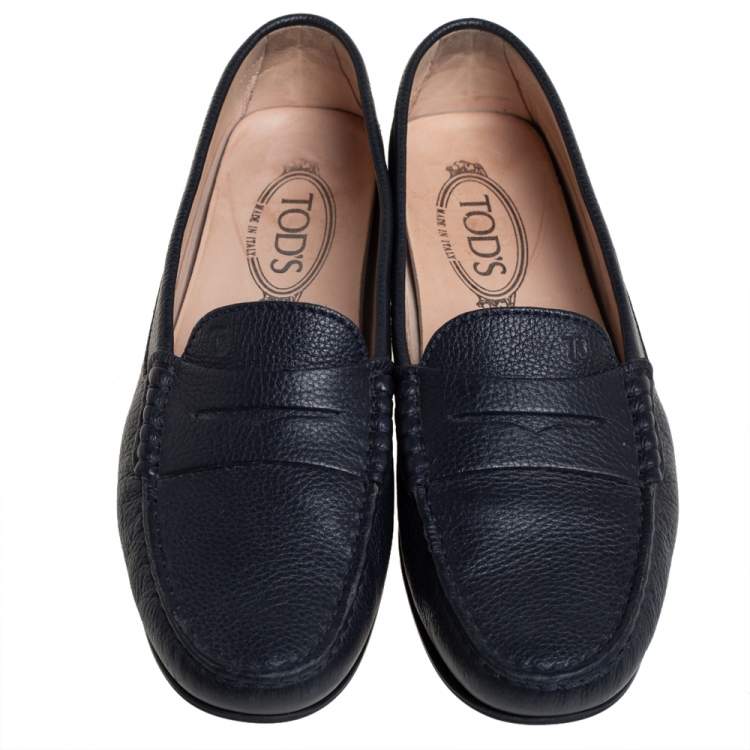 Pre Owned Tod's Dark Blue Leather Penny Slip On Loafers Size 39.5