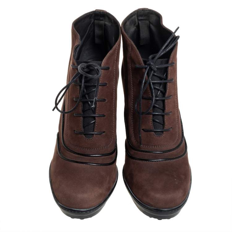 Pre Owned Tod's Brown/Black Suede Block Heel Booties Size 38.5