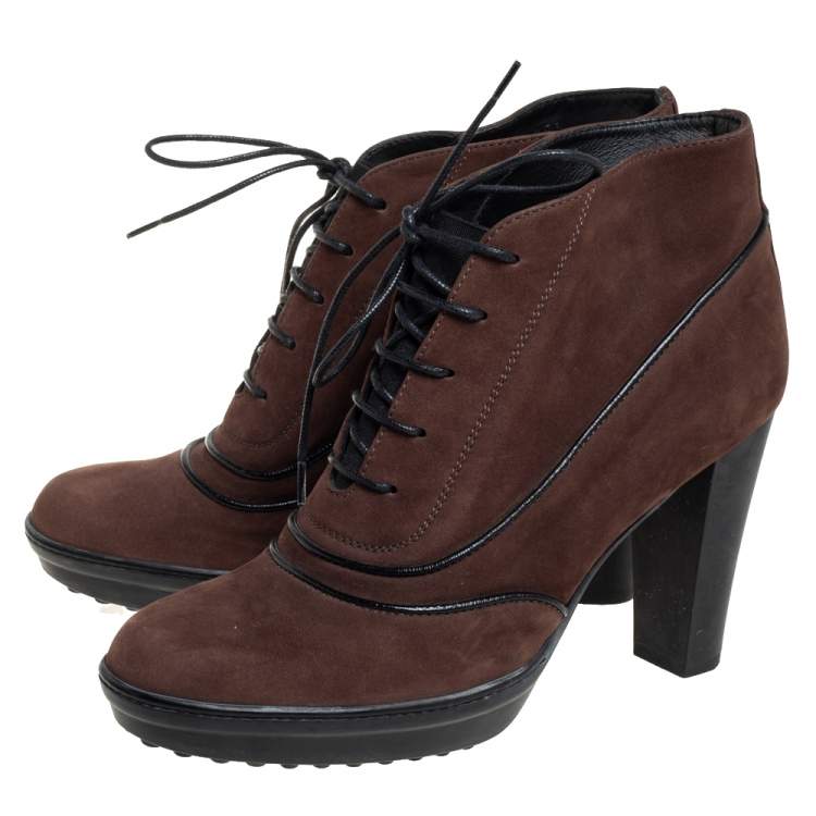Pre Owned Tod's Brown/Black Suede Block Heel Booties Size 38.5