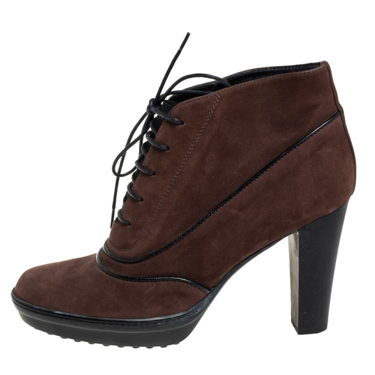 Pre Owned Tod's Brown/Black Suede Block Heel Booties Size 38.5