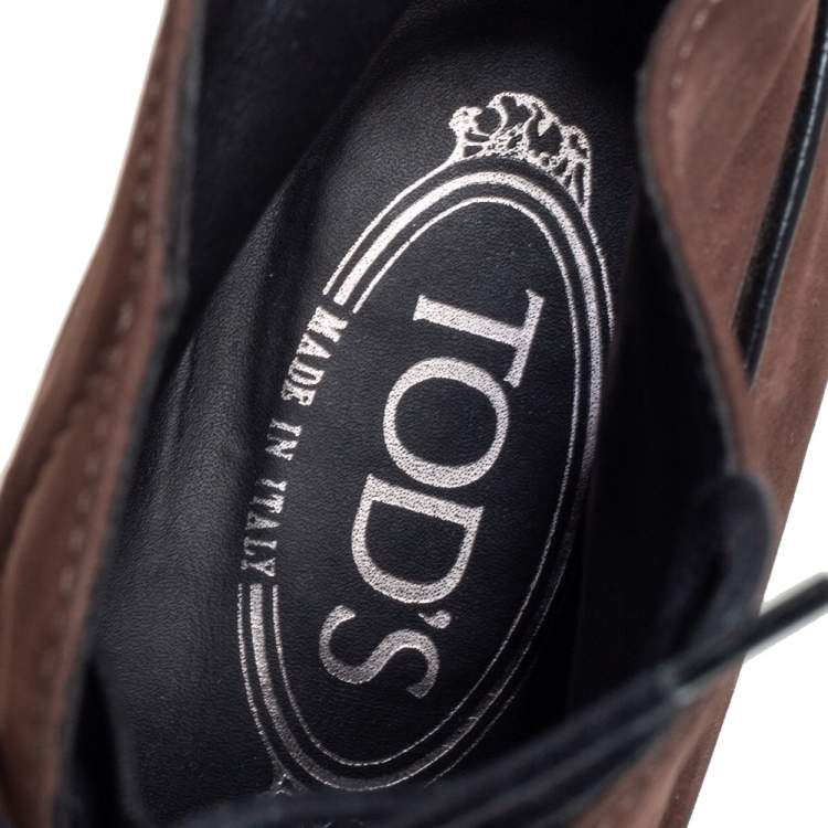 Pre Owned Tod's Brown/Black Suede Block Heel Booties Size 38.5