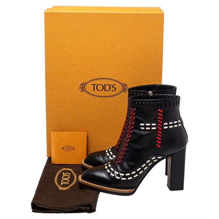 Pre Owned Tod's Black Leather Cross-Stitch Gipsy Ankle Boots Size 36