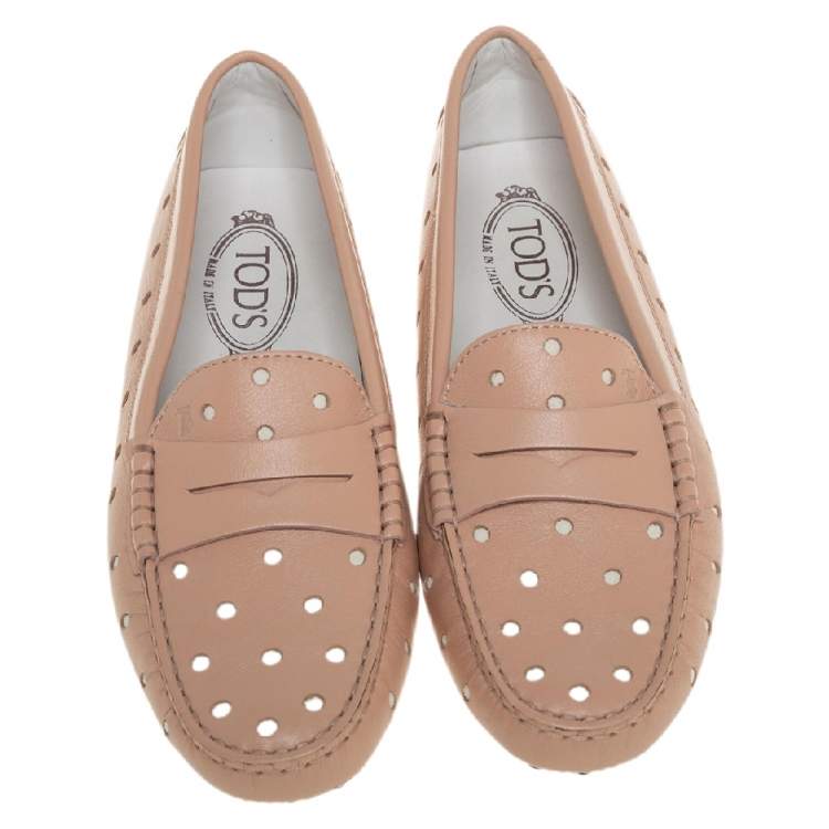 Pre Owned Tod's Beige Hole Laser Cut Leather Penny Loafers Size 39