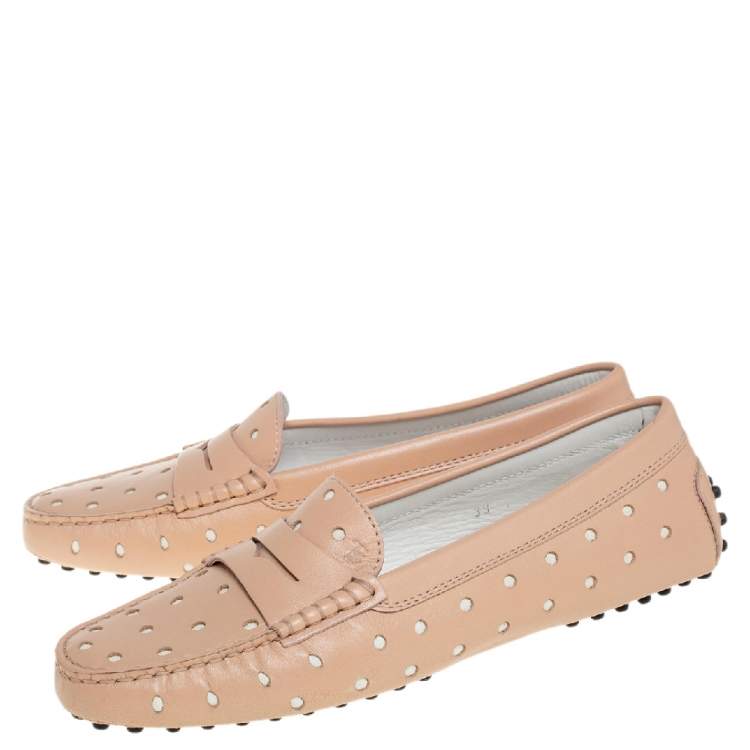 Pre Owned Tod's Beige Hole Laser Cut Leather Penny Loafers Size 39