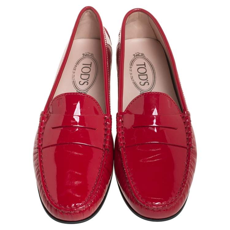 Pre Owned Tod's Red Patent Leather Slip On Loafers Size 41