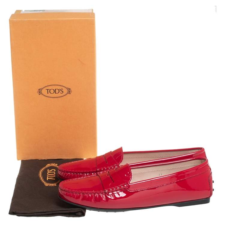 Pre Owned Tod's Red Patent Leather Slip On Loafers Size 41