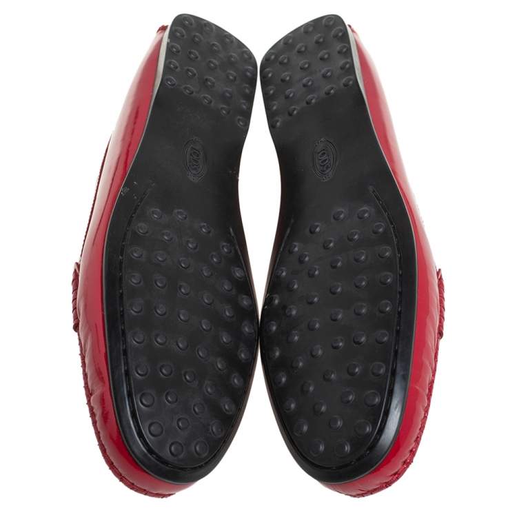 Pre Owned Tod's Red Patent Leather Slip On Loafers Size 41