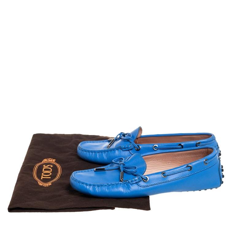 Pre Owned Tod's Blue Leather Bow Slip On Loafers Size 37