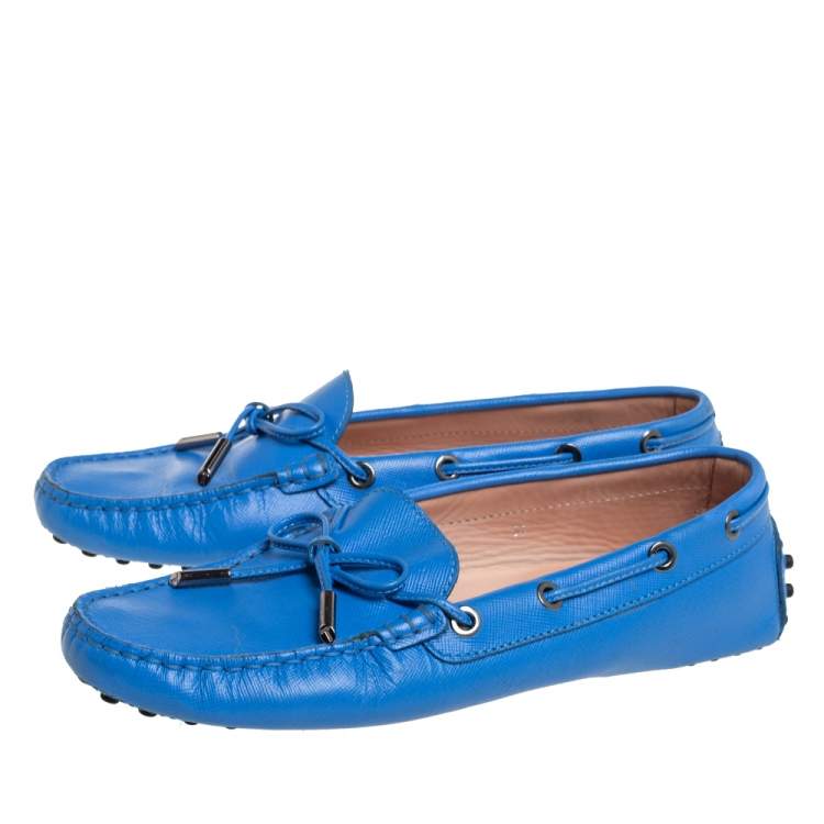 Pre Owned Tod's Blue Leather Bow Slip On Loafers Size 37