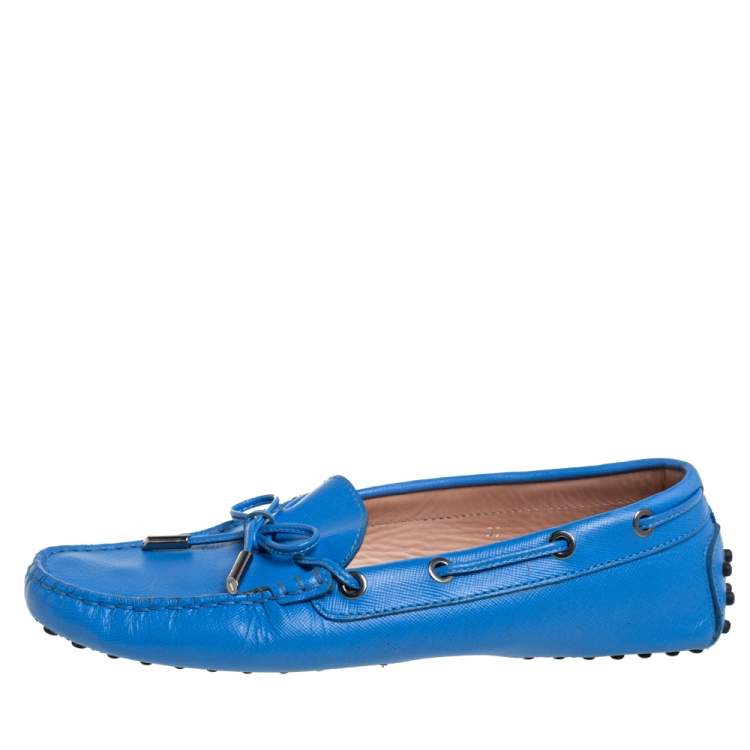 Pre Owned Tod's Blue Leather Bow Slip On Loafers Size 37
