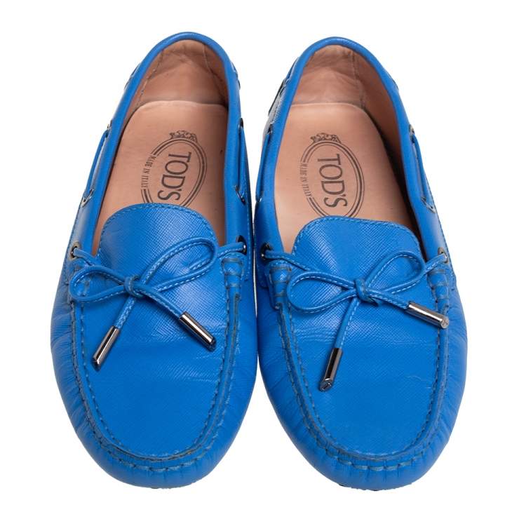 Pre Owned Tod's Blue Leather Bow Slip On Loafers Size 37