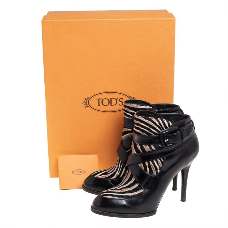 Pre Owned Tod's Black Leather And Calf Hair Zebra Print Ankle Boots 37