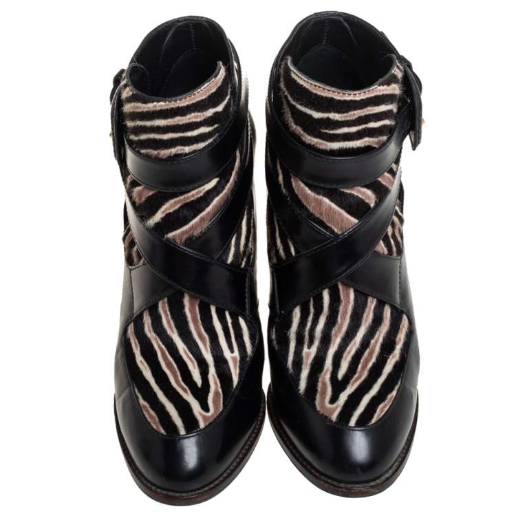 Pre Owned Tod's Black Leather And Calf Hair Zebra Print Ankle Boots 37
