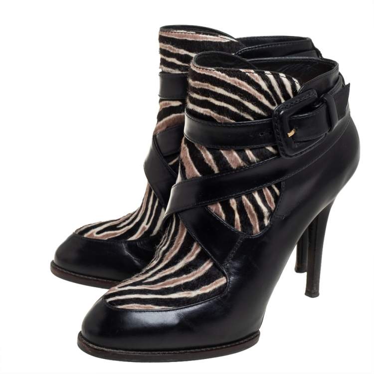 Pre Owned Tod's Black Leather And Calf Hair Zebra Print Ankle Boots 37