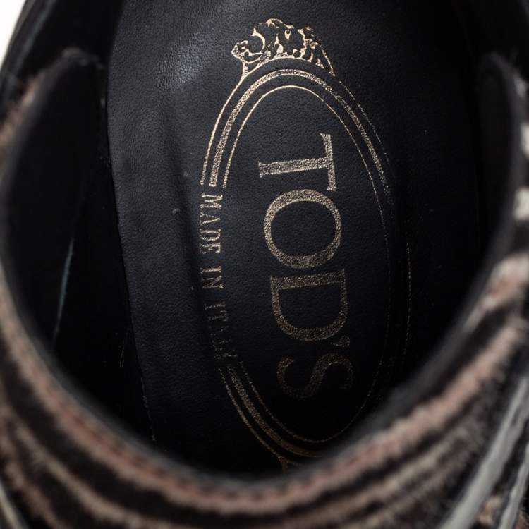 Pre Owned Tod's Black Leather And Calf Hair Zebra Print Ankle Boots 37